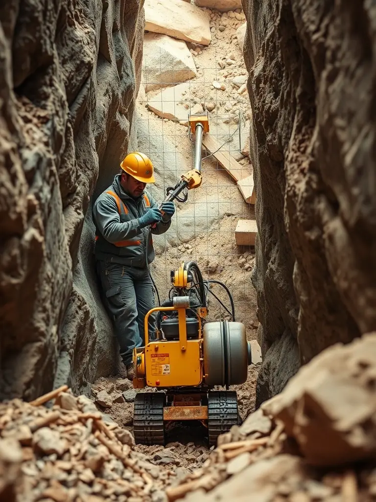 A worker using specialized equipment for excavation in a confined space, demonstrating the company's expertise in limited access excavation.