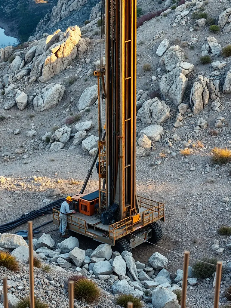 A drilling rig boring into rock on a remote mountain site, preparing for foundation work, highlighting the company's drilling capabilities in difficult locations.